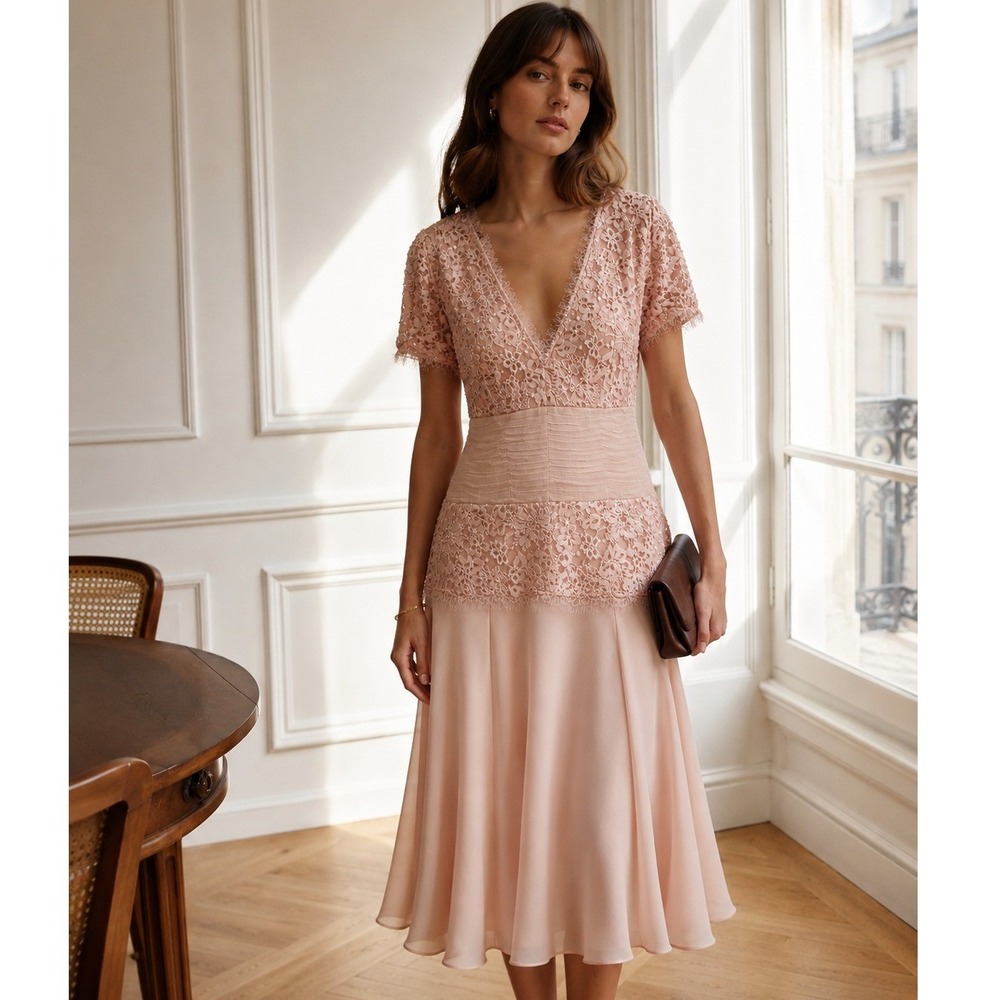 Tadashi Collection Pink Blush Silk Beaded Lace‎ 2 Piece Top Skirt Set Size 12